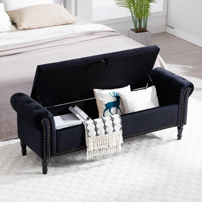 67'' End of Bed Storage Bench King Size, Storage Bench for Bedroom End of Bed, Upholstered Velvet Tufted Storage Ottoman Benches with Arms for Living Room, Entryway, Black
