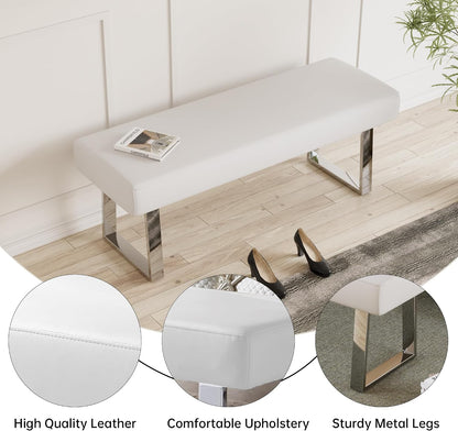 JIEXI 45.3" Upholstered PU Leather Bedroom Bench Footstool with Metal Legs | Sturdy Silver Plated Chrome Legs, Padded Seat, Space Saver, for Bedroom Entryway Living Room Window