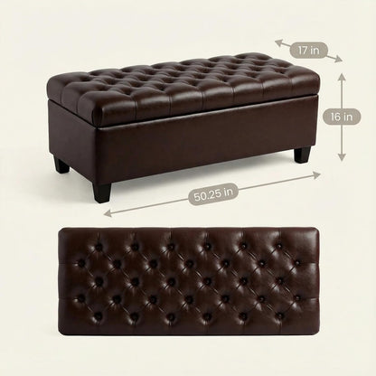 Leather Storage Bench for Living Room, End of Bed Bench with Storage, Large Upholstered Ottoman Benches Entryway Bench with Button-Tufted Shoe Cabinet Ottoman for Dining Room, Hallway, Brown