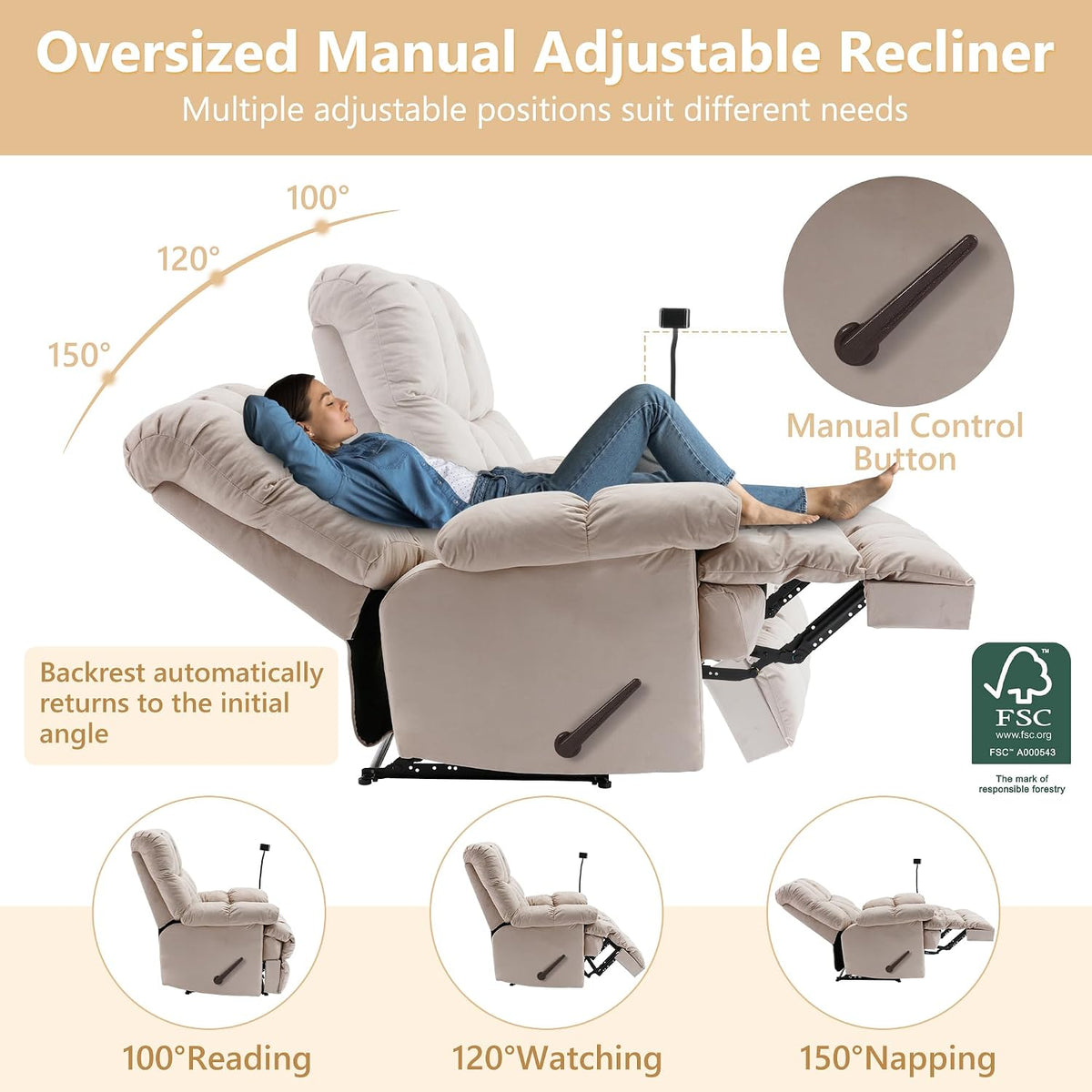 Oversized Recliner Chair, Big Mans Recliner Chairs for Adults 400lbs, Wide Recliners for Tall Man, Large Recliner Chair for Living Room(Cream)