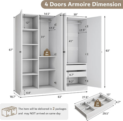 iPormis 4 Doors Armoire Wardrobe Closet with 2 Drawers, 63" Large Wardrobe Cabinet with Removable Hanging Rods and Adjustable Shelves, Closet Storage Cabinet for Bedroom, Cloak Room, White