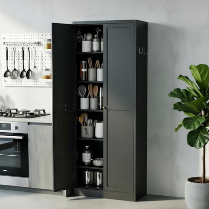 Kitchen Pantry Cabinet, 72" Tall Black Metal Storage Cabinet, Kitchen Storage with 2 Doors and 5 Adjustable Shelves, Freestanding Cupboard for Living, Dining Room and Bathroom,Assemble Required
