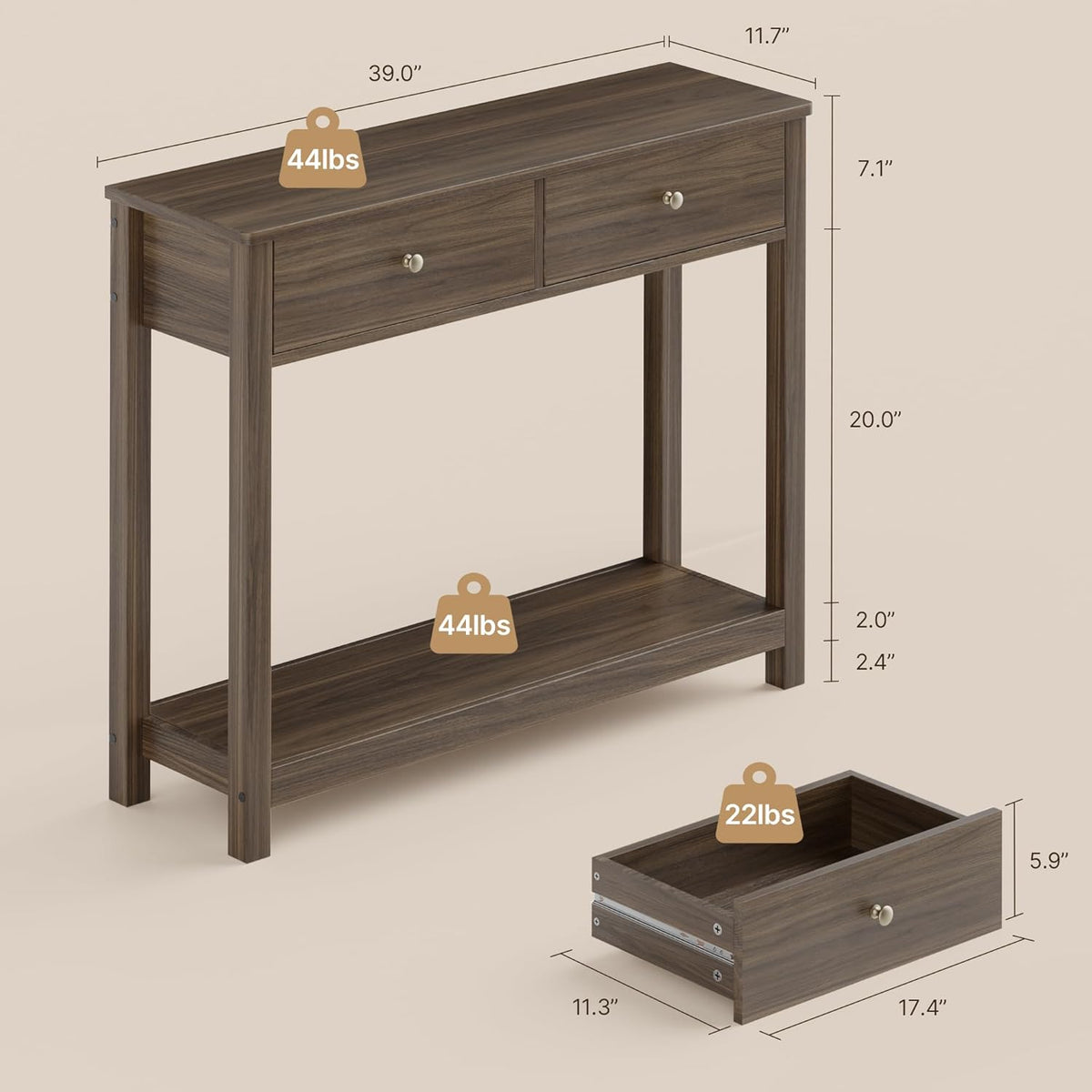 Gizoon Console Table with 2 Drawers, 2-Tier Wood Entryway Table with Storage Shelves, 39" W Wood Accent Sofa Table for Front Hall, Hallway, Living Room, Dark Brown