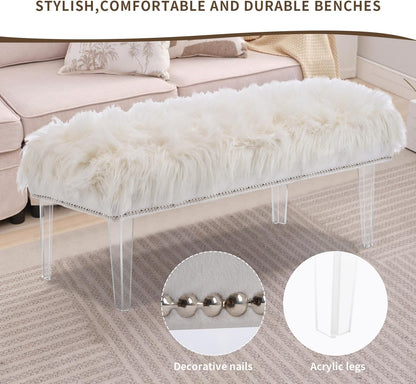 Modern White Faux Fur Ottoman Bench - Upholstered Furry Bench with Acrylic Legs for Bedroom, Living Room, Entryway, Vanity or Bed End