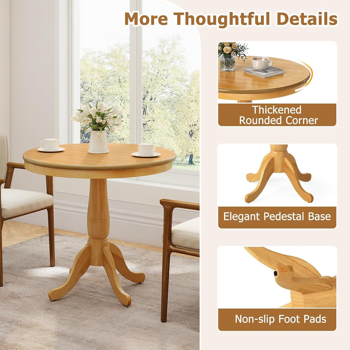 Round Dining Table, 32" D X 30" H Wooden Kitchen Table with Pedestal Base, Traditional Bistro Table for 2 to 4 People, Leisure Coffee Table for Home, Bar, Restaurant, Natural