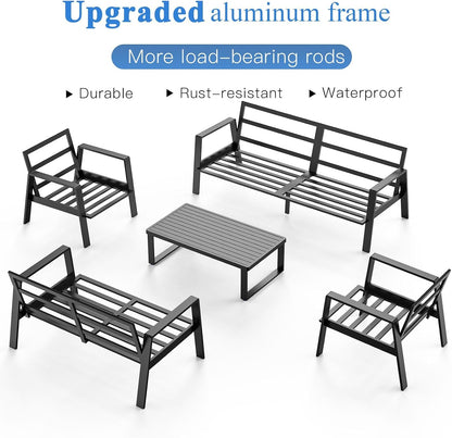 Aluminum Outdoor Patio Furniture Set, 5 Piece Sectional Coversation Sets with Coffee Table, Modern Outdoor Sofa Couch with Thick Cushions for Porch, Balcony, Garden (Black/Blue, 5 Pcs Set)