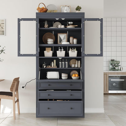 JIJIWANG 78" Tall Freestanding Kitchen Pantry Storage Cabinet,Multifunctional Cupboard with 3 Drawers,Adjustable Shelves and Power Outlet for Office, Kitchen,Dining Room,Grey