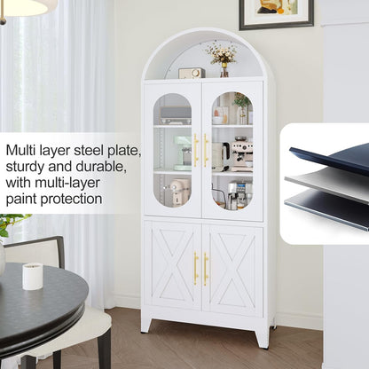 erosoei 73" H Metal Tall Arched Kitchen Pantry Cabinet, Modern Farmhouse China Storage Cabinets with Glass Door and Adjustable Shelves, Versatile Cupboard for Kitchen, Dining Room, Bathroom (White)