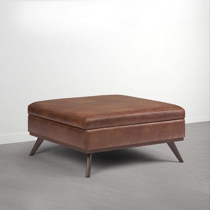 SIMPLIHOME Owen XL Coffee Table Storage Ottoman - 40 inch Wide Upholstered Vegan Leather Square Ottoman in Distressed Pecan Brown, Mid-Century Modern Ottoman for Living Room with Lift-Up Lid