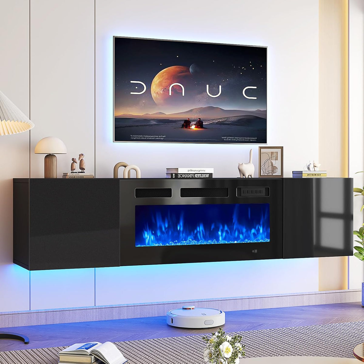 oneinmil 70" Floating TV Stand with 36" Electric Fireplace, Wall Mounted Fireplace Entertainment Center with Storage, Fire Place TV Console for Living Room, All Black