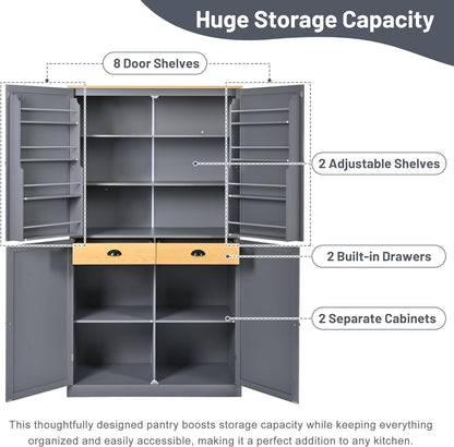 Linique 71.3" Kitchen Pantry with 2 Drawers, 2 Adjustable Shelves, 8 Door Racks, Large Wooden Cupboard, Freestanding Tall Cabinet for Kitchen Dining Room Grey