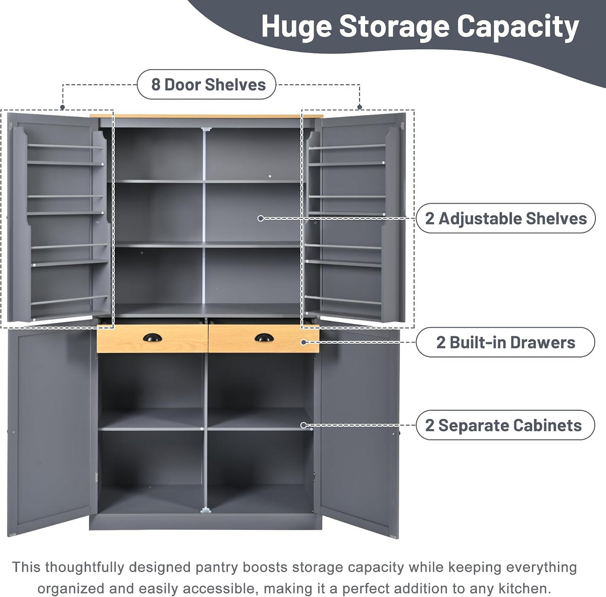 LUMISOL Kitchen Pantry Sideboard, 71.3” High Freestanding Large Cupboard Storage Cabinet with 2 Drawers, 2 Adjustable Shelves, 8 Door Shelves for Kitchen, Dining Room, Grey