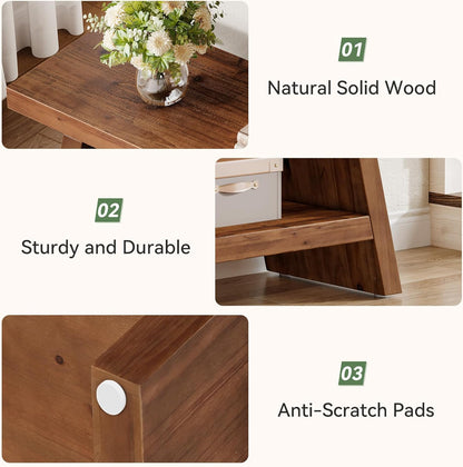 Solid Wood Entryway Bench, 2-Tier Wooden Storage Bench, Farmhouse Indoor Shoe Bench Seat for Entry, Living Room, Dining Room, Bedroom (Brown)