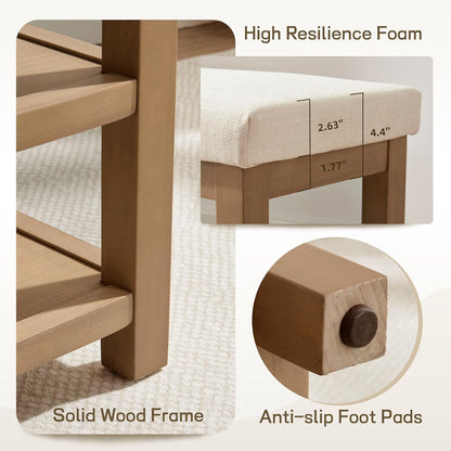 Zihanhome 2 Tier Shoe Rack Bench with Cushion, Solid Wood Shoe Benches, Mid-Century Modern Shoe Storage Bench for Entryway, Hallway, Living Room, Closet, Front Door Entrance, (Beige, 39.4")
