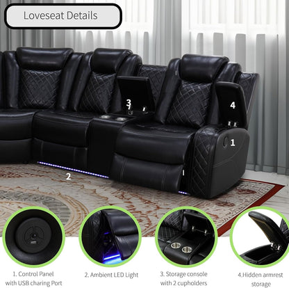 Power Recliner Sofa Sectional Sofa with LED Light for Living Room, Air Leather Reclining Corner Sectional Sofa Set, Cup Holder, Storage Console for Home Theater Seating (Black, Sectional)