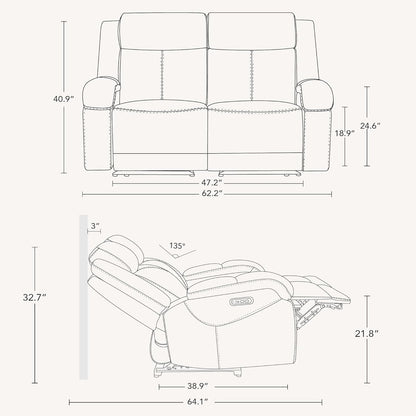 Watson & Whitely Genuine Leather Power Loveseat Recliner Sofa, 2 Seat Wall Hugger Reclining Sofa with Power Headrest & Charging Ports, Dual Recliner Sofas for Living Room, RV, Grey