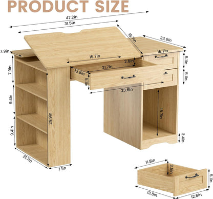 Drafting Table with Storage Cabinet & Drawers, Adjustable Drawing Table with Open Shelves, Craft Art Desk for Artists, Painters, Drawing, Crafting, Reading, Writing, Working