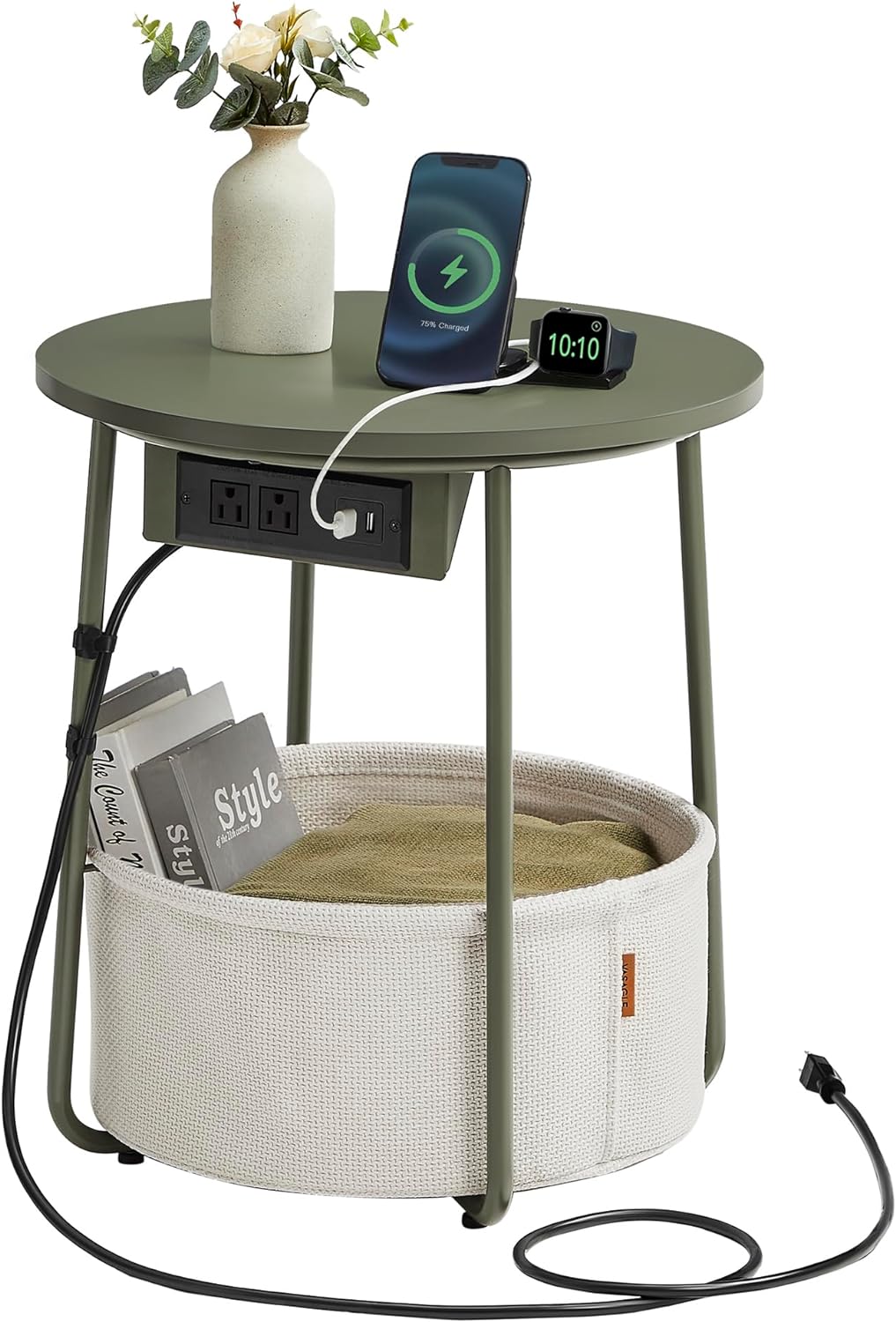 VASAGLE LILEA Collection - Side Table with Charging Station, Round End Table with Fabric Basket, Nightstand with USB Ports, for Living Room, Bedroom, Modern, Forest Green and Cream White ULET228C04