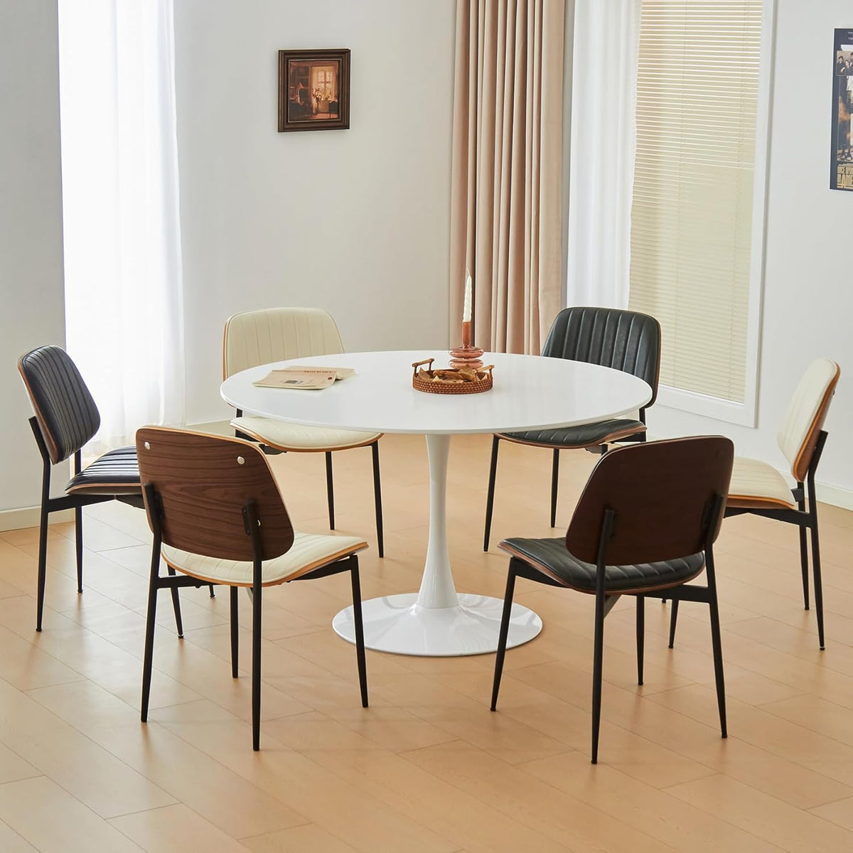 43.5" Tulip Table, Round Dining Table with Thickened Tabletop & Metal Pedestal, Mid Century Modern Bistro Circle Table for Kitchen, Small Places, Living Room, Cafe (White)