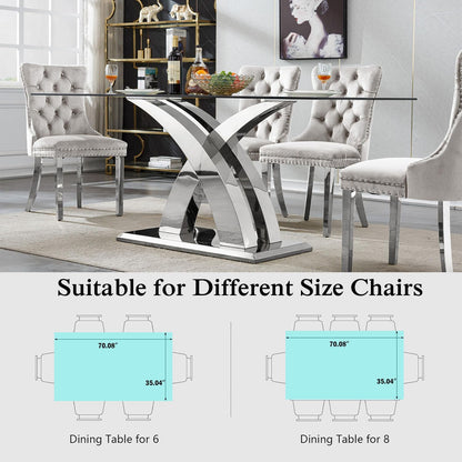 70'' Modern Glass Dining Table for 4-8 People, High Gloss Stainless Steel Base, Rectangular Glass Dining Room Table for 6, Tempered Glass Top Silver Kitchen Table for Home Kitchen Furniture