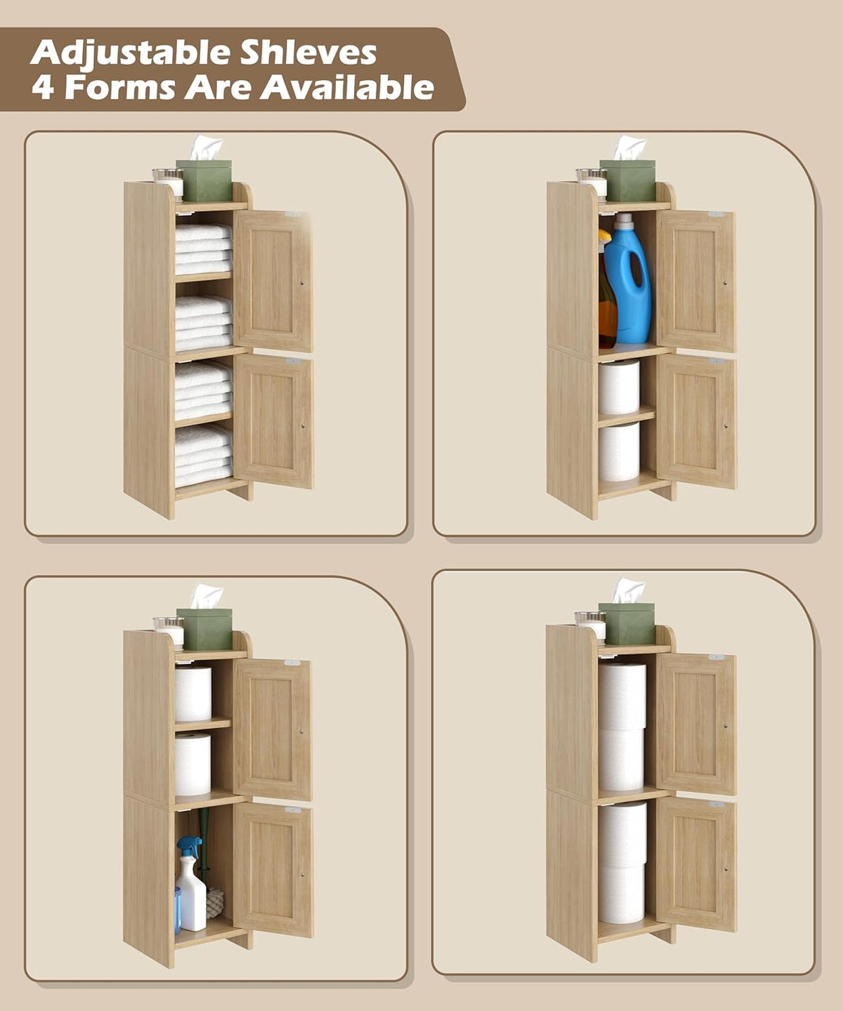 Akxomel Rattan Small Bathroom Cabinet Narrow Toilet Paper Organizer Oak | 7.9''D x 7.9''W Bathroom Organizer and Storage Cabinet for Small Space, Slim Corner Unit with Adjustable Shelf