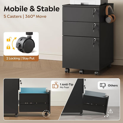 DEVAISE 3 Drawer File Cabinet with Individual Locks, Wood Filing Cabinet for Home Office, Mobile Printer Stand with Wheels, Under Desk Storage for Letter/A4/Legal Size, Black