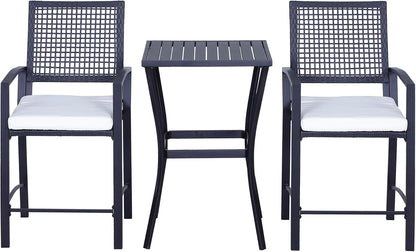 Patio Bar Set, 3 PCS Rattan Wicker Outdoor Furniture Set with Cushioned Stools and Table, Backyard Bistro Dining Set for Lawn Deck Poolside Porch Garden