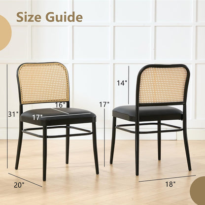 Rattan Dining Chairs Set of 4, Mid-Century Modern, Black | Cane Back Design, Faux Leather Upholstery, Boho Style, Comfortable Padded Seat, 350 LBS Weight Capacity