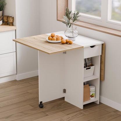 Mondeer Folding Dining Table with Drawer and Shelves, Oak & White | Drop Leaf Kitchen Table with 1 Drawer and 2 Storage Shelves in Modern Style for Small Spaces and Seats 4-6 People.