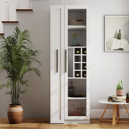 JOYSOURCE Kitchen Hutch Cabinet with 5-Tier Pull-Out Storage Shelves Tall Kitchen Pantry Wine Cabinet Slim Liquor Cabinet with Reeded Glass Door Bottle Dividers & Stemware Rack White