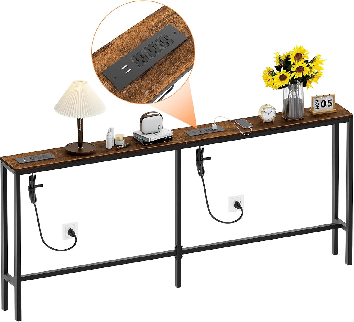Bathola 71'' Behind Couch Table with 2 Outlets, Sofa Tables Narrow Long | 5.9" Wide Console Table Behind Couch with 6 AC & 4 USB, Wood Couch Table Behind Sofa for Living Room, Bedroom, Hallway, Brown