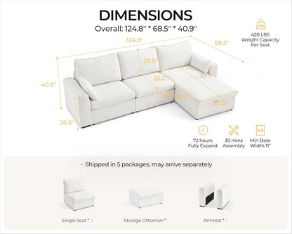 124.8'' Oversized Modular Sofa Comfy Cloud Couch with Storage Wide L-Shaped Sectional Sofa Set with Chaise for Living Room, Covers Washable, 4-Seater with Ottoman, Chenille, White