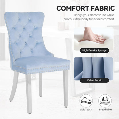 Velvet Dining Chairs Set of 4,Upholstered Dining Room Chairs with Stainless Steel Legs,Modern Luxury Kitchen Accent Chair with Button Tufted High Back,Pull Ring,Nailhead Trim,Light Blue