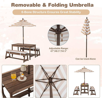 Kids Picnic Table Set with Benches and Umbrella, Foldable Wooden Table and Chair Set for Indoor and Outdoor Use, Playroom Furniture for Toddlers, Children, Baby (Brown)