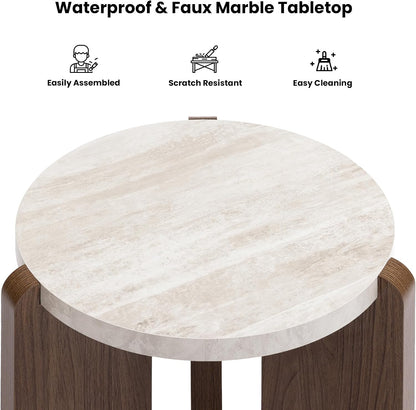 HOMPUS Farmhouse Round End Table, French Country White Bedside Table, Faux Marble Tabletop Sofa Table, Accent Side Table for Living Room, Bedroom, Office, Small Spaces, Easy Assembly (White + Brown)