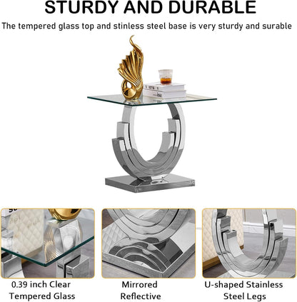 Glass End Table, 22.83" Square Side Table with Tempered Glass Top and Silver Mirror Finish Stainless Steel Three U-Shaped Base, Modern Small End Side Table for Living Room