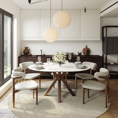 POVISON Modern Extendable Dining Table, 47" to 63" Round to Oval Sintered Stone Kitchen Table with Carbon Steel Pedestal Base for 4-6, White with Bronze(Table Only