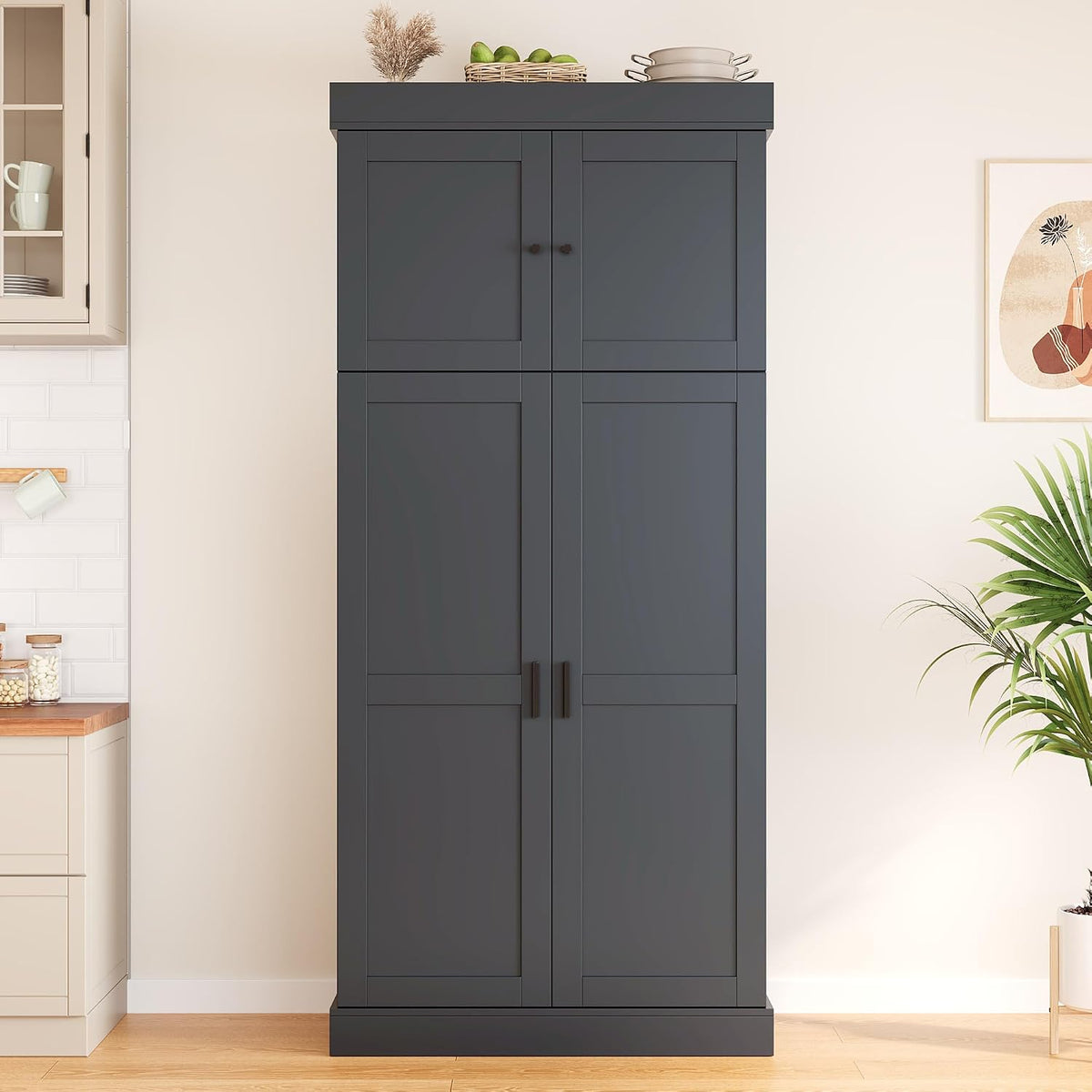 77'' Tall Freestanding Kitchen Pantry, Kitchen Storage Cabinets with Adjustable Shelves, Door Shelves, Drawers and Wine Racks, Versatile Cupboard for Dining Room, Living Room,Grey