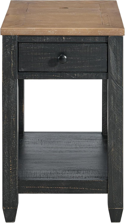 Martin Svensson Home Napa Farmhouse Chairside End Table with Charging Station, Solid Wood Narrow Side Table with Drawer & Shelf, Rustic Accent Table for Living Room or Bedroom. Black and Driftwood.