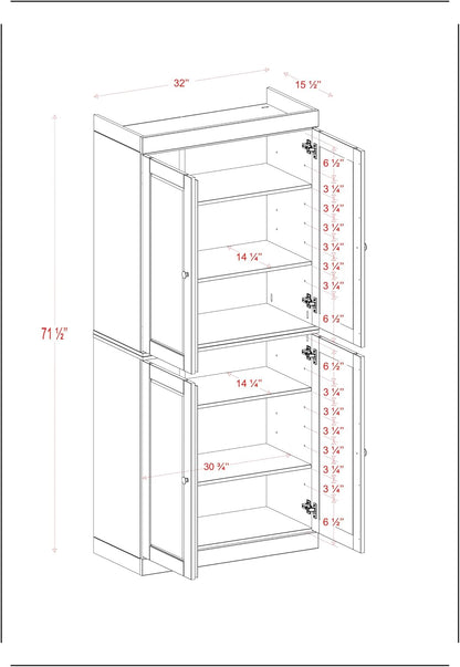 Palace Imports Solid Wood Kitchen Pantry Cabinet - 71.5" Tall x 32" Wide - Wooden Storage Cabinet with 4 Doors & Adjustable Shelves, Mocha, 100% Renewable Eco-Friendly Wood, Made in Brazil