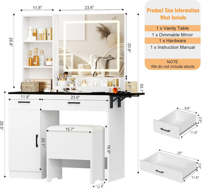 Modern Vanity Makeup Station with Light Up Mirror, 3 Color Lighting Modes with Adjustable Brightness, Built-in Power Charging Station for Bedroom （053 Black）