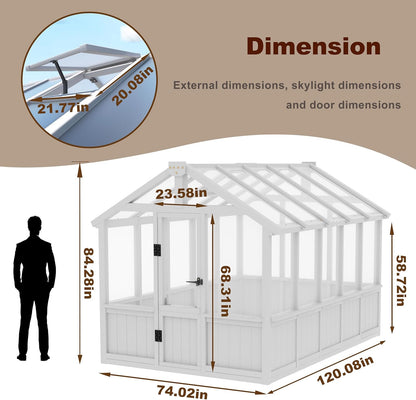 6x10 FT Green House for Outdoor, Thicken Polycarbonate Panel Wooden Walk-in Greenhouse Kit with Lockable Door and Adjustable Roof Vent, Backyard Garden, White