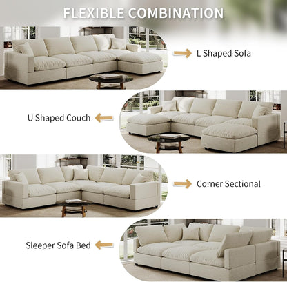 5 Seat Modular Cloud Sofas,Modern Sectional Linen Couch for Living Room V-Shape Sofas,Couches Cushion Covers Removable,Cozy Feather Down Sofa for Apartment Beige