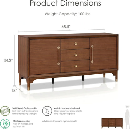 Furniture of America Forma Mid-Century Modern 69-inch Solid Wood Sideboard Buffet Cabinet with 2 Storage Compartments, 6 Shelves and 3 Drawers for Living Room, Dining Room, Office, Walnut