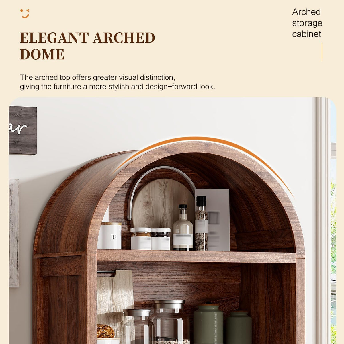 Ieejdn 71" Tall Arched Kitchen Pantry,Modern Fluted Wood Storage Cabinet with Doors,Adjustable Shelves,Organizer, Versatile Cupboard for Kitchen,Living Room,Dining Room,Bathroom,Walnut