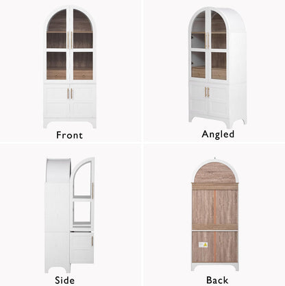 Merax 71" Farmhouse Arched Pantry Cabinet with Glass Doors & Hidden Drawer, Adjustable Shelves Storage Cupboard for Kitchen/Dining Room, White