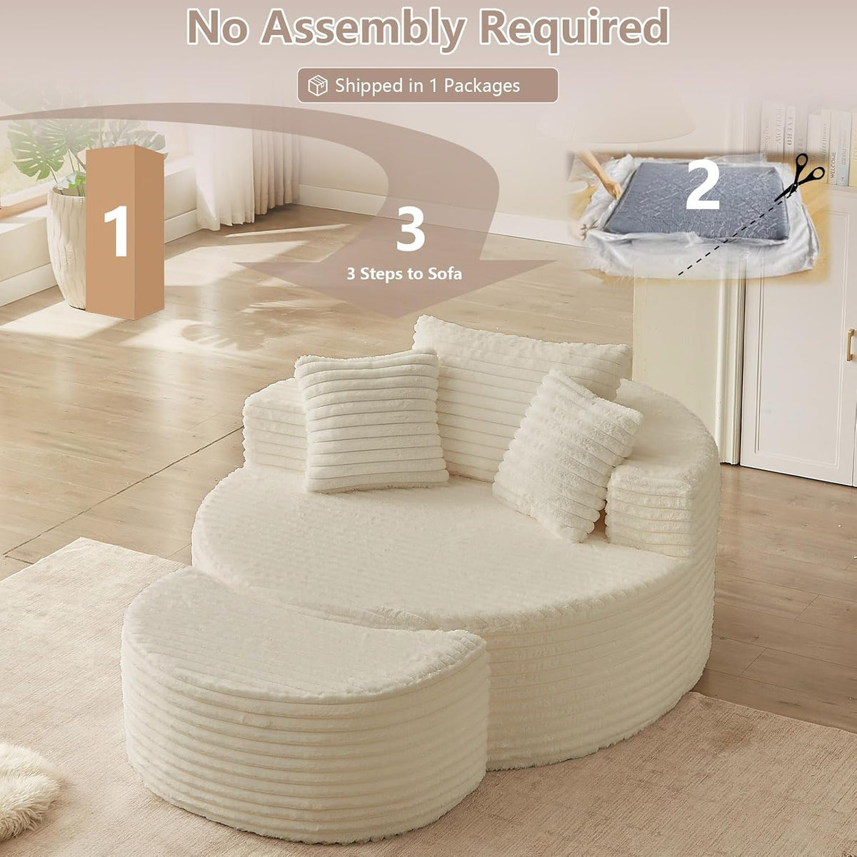 74.6" Oversized Round Chaise Lounge Chair with Ottoman Indoor, Fluffy Upholstered Corduroy Deep Seat Large Floor Circle Couch Sofa Chairs for Living Room, Bedroom, No Assembly Required, White