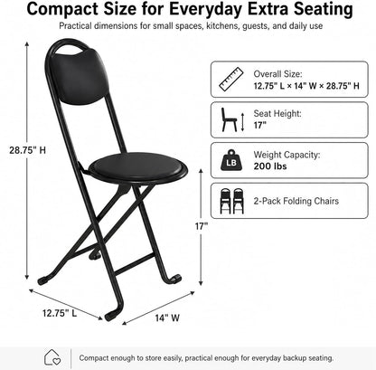 2 Pack Folding Stool with Back, 17 Inch Small Folding Chair, Black Stool with Padded PU Seat, Portable Foldable Stool Chair for Kitchen, Camping, Outdoor, Extra Seating, Black