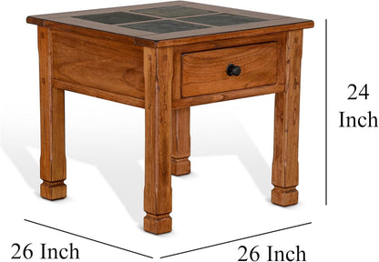 Benzara Marv Side End Table w Drawer- 26 Inch Square Slate Inlay Top- Brown
