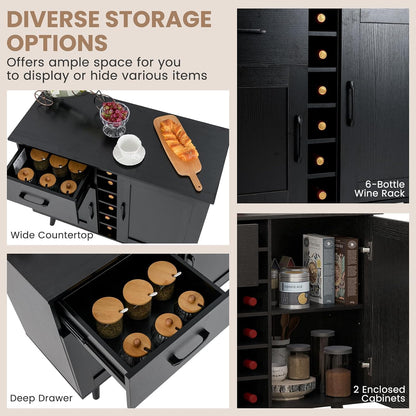 GOFLAME Wine Bar Cabinet, Buffet Sideboard with 2 Doors & 1 Drawer, 6-Bottle Wine Rack, Adjustable Shelves, Cupboard with Storage for Kitchen, Living Room, Black